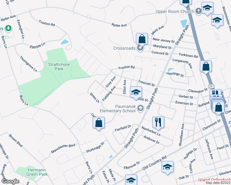 map of restaurants, bars, coffee shops, grocery stores, and more near 43 Scott Street in Huntington Station