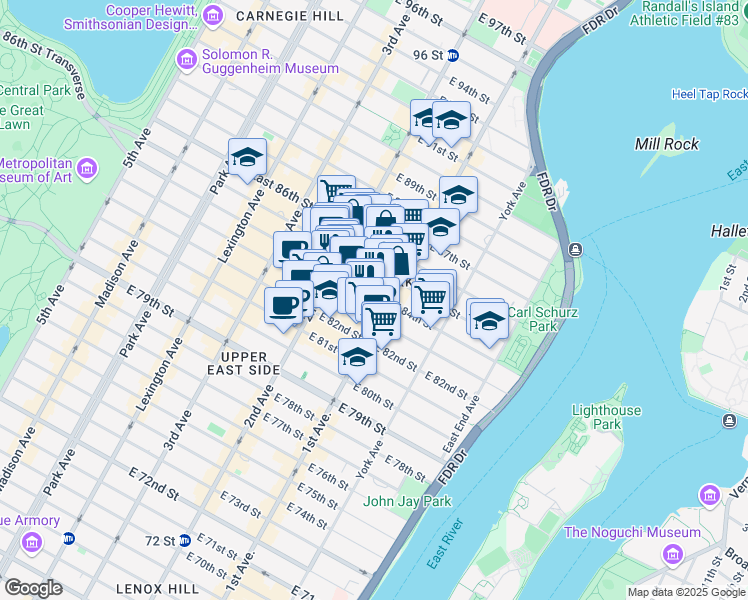 map of restaurants, bars, coffee shops, grocery stores, and more near 350 East 84th Street in New York