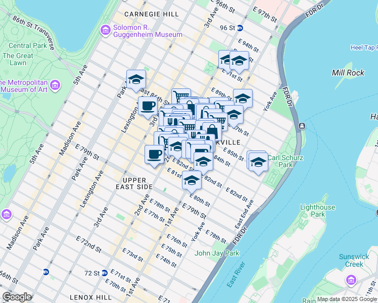 map of restaurants, bars, coffee shops, grocery stores, and more near 319 East 83rd Street in New York