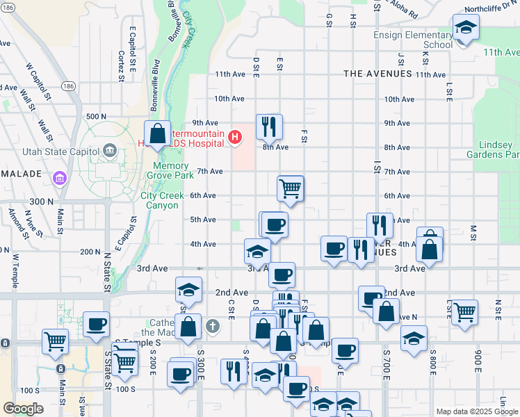 map of restaurants, bars, coffee shops, grocery stores, and more near 286 D Street East in Salt Lake City