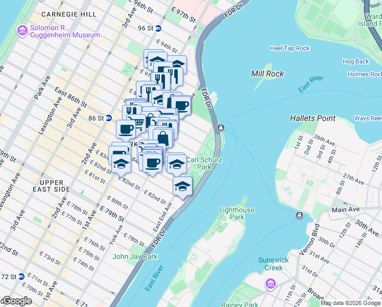 map of restaurants, bars, coffee shops, grocery stores, and more near 528 East 87th Street in New York