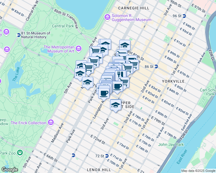 map of restaurants, bars, coffee shops, grocery stores, and more near 134 East 80th Street in New York