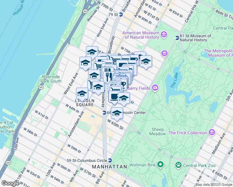 map of restaurants, bars, coffee shops, grocery stores, and more near 105 West 69th Street in New York
