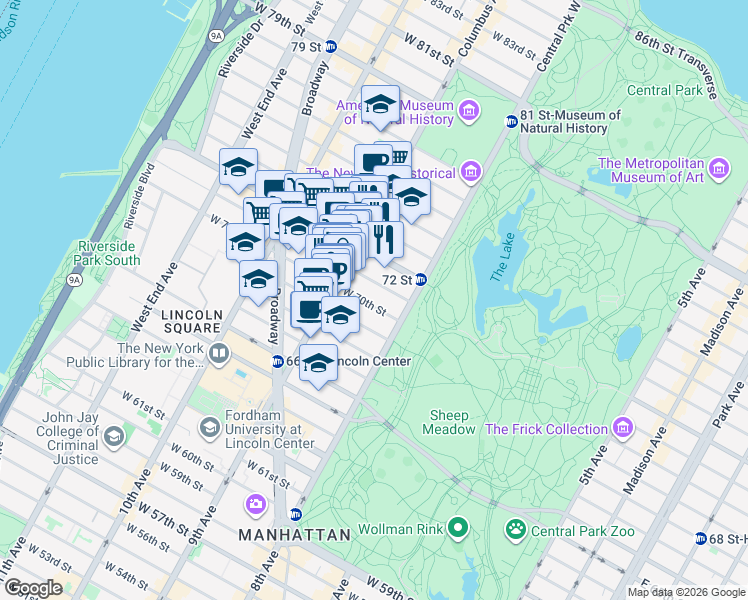map of restaurants, bars, coffee shops, grocery stores, and more near 46 West 71st Street in New York