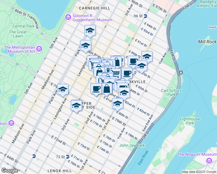 map of restaurants, bars, coffee shops, grocery stores, and more near 1596 2nd Avenue in New York