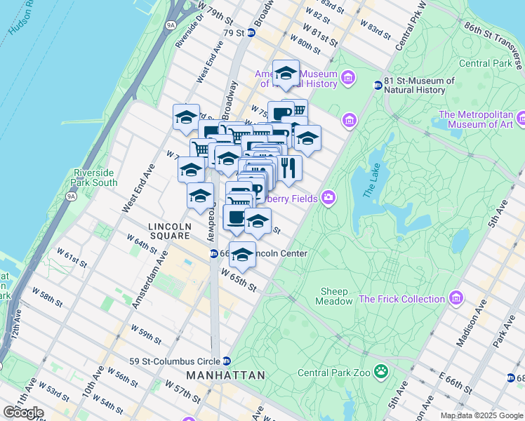 map of restaurants, bars, coffee shops, grocery stores, and more near 56 West 70th Street in New York