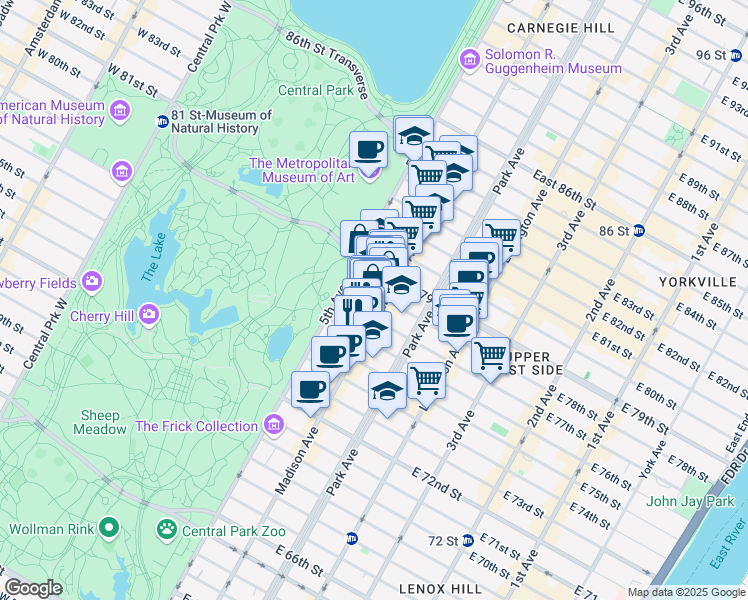 map of restaurants, bars, coffee shops, grocery stores, and more near 5A East 78th Street in New York
