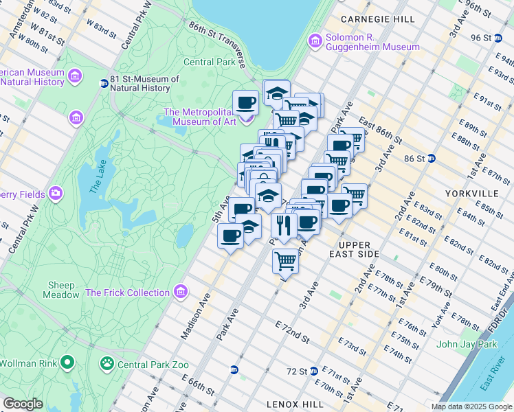 map of restaurants, bars, coffee shops, grocery stores, and more near Madison Ave & E 78th St in New York