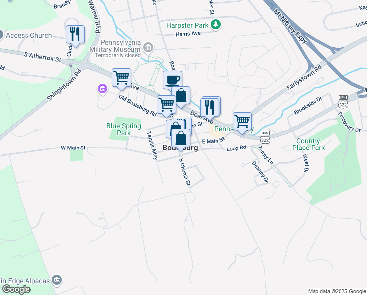 map of restaurants, bars, coffee shops, grocery stores, and more near 135 East Main Street in Boalsburg