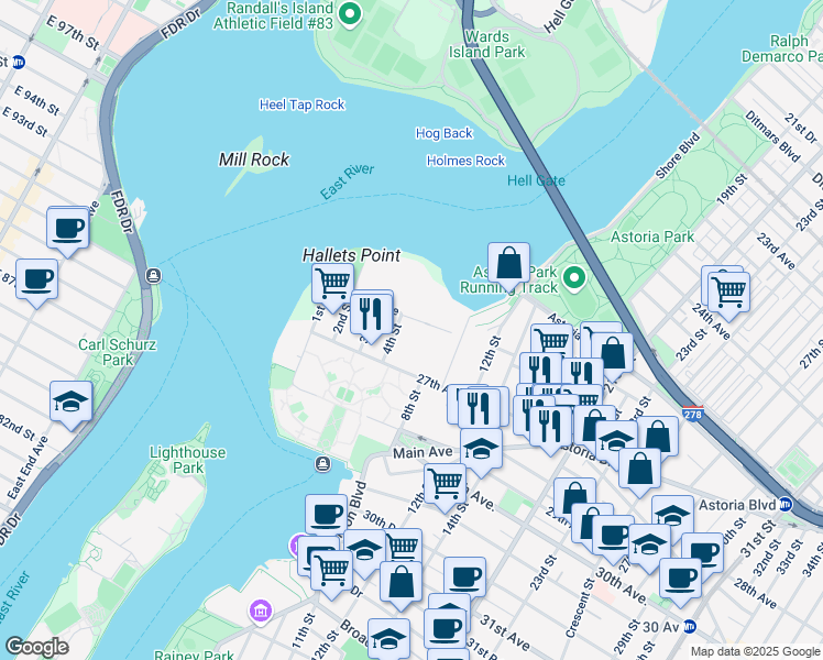 map of restaurants, bars, coffee shops, grocery stores, and more near 13 26th Avenue in Queens
