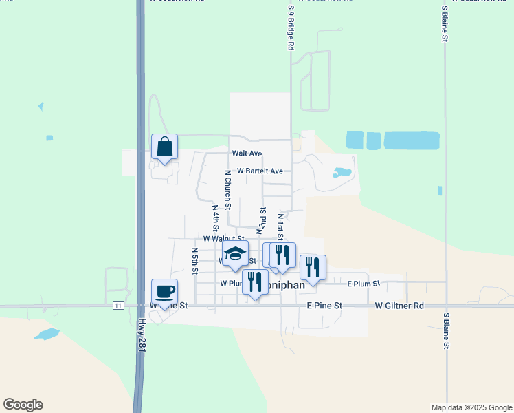 map of restaurants, bars, coffee shops, grocery stores, and more near 316-360 North 2nd Street in Doniphan