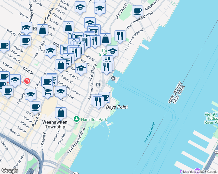 map of restaurants, bars, coffee shops, grocery stores, and more near 900 Avenue at Port Imperial in Weehawken