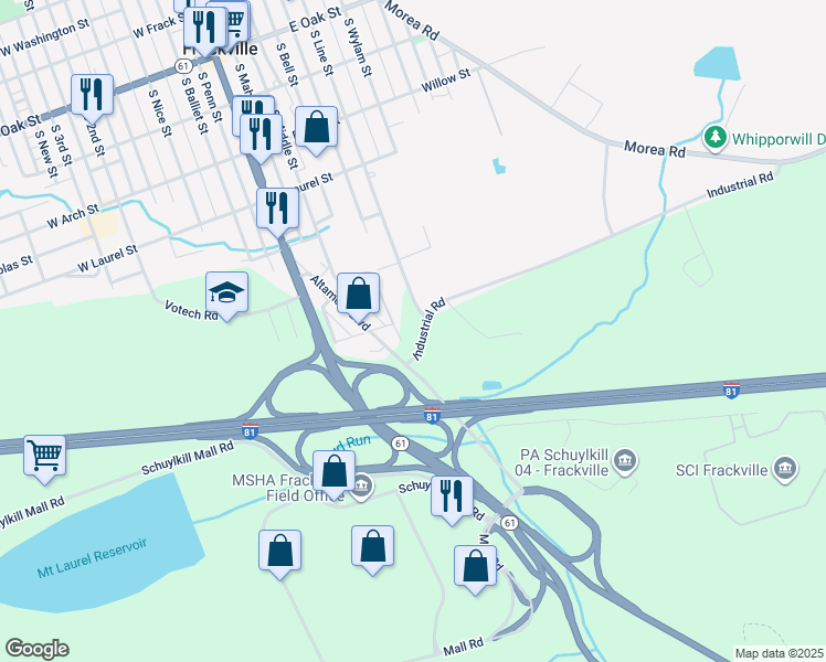 map of restaurants, bars, coffee shops, grocery stores, and more near 9 Industrial Road in Frackville