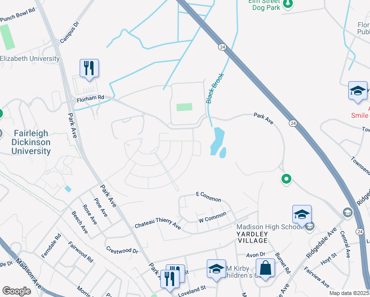 map of restaurants, bars, coffee shops, grocery stores, and more near 59 Cunningham Drive in Florham Park