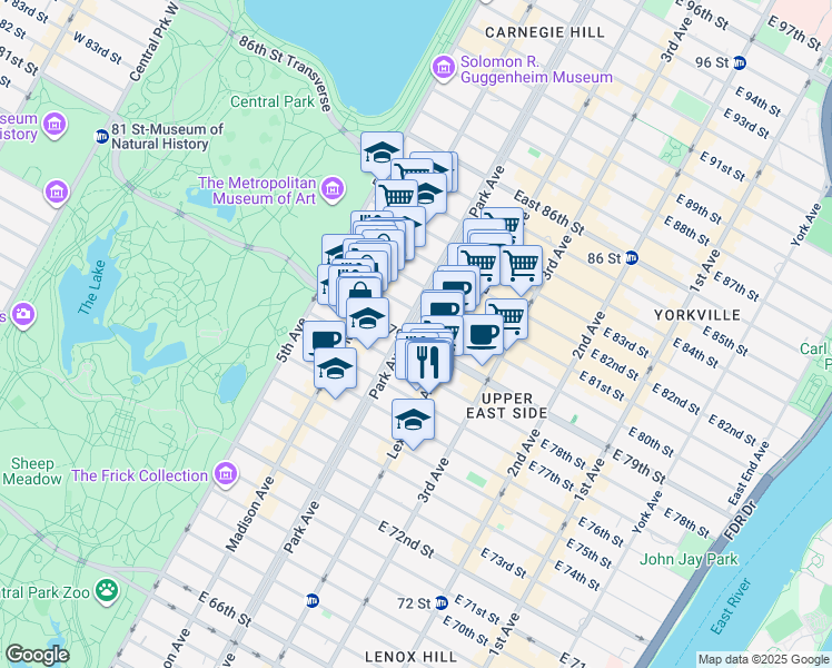 map of restaurants, bars, coffee shops, grocery stores, and more near 903 Park Avenue in New York