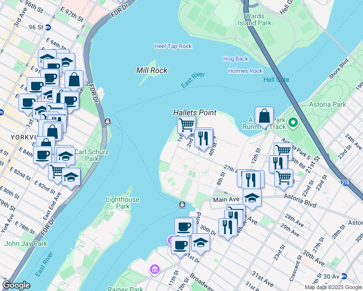 map of restaurants, bars, coffee shops, grocery stores, and more near 26-40 1st Street in Queens