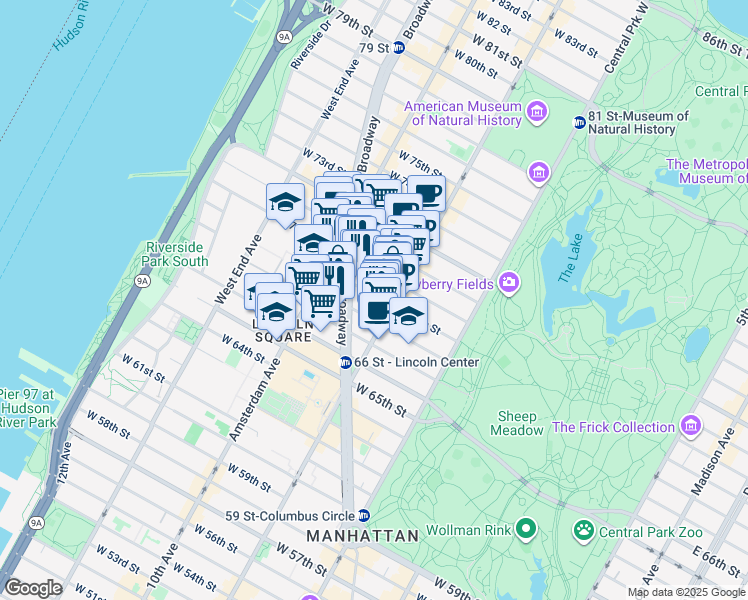 map of restaurants, bars, coffee shops, grocery stores, and more near 118 West 69th Street in New York