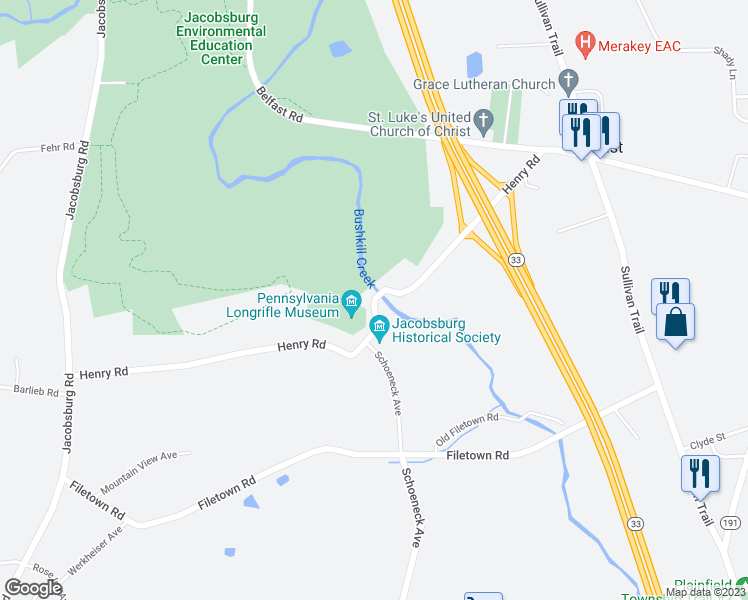 map of restaurants, bars, coffee shops, grocery stores, and more near 394 Henry Road in Nazareth