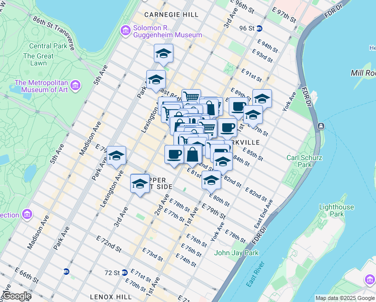 map of restaurants, bars, coffee shops, grocery stores, and more near 1589 2nd Avenue in New York