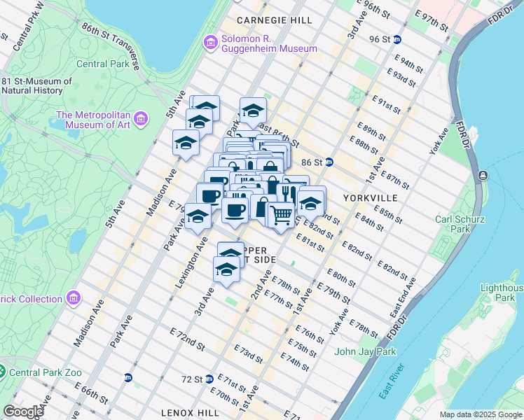 map of restaurants, bars, coffee shops, grocery stores, and more near 1441 3rd Avenue in New York