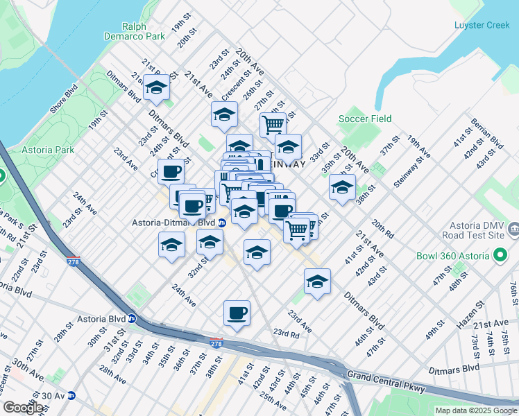 map of restaurants, bars, coffee shops, grocery stores, and more near 31-30 Ditmars Boulevard in Queens