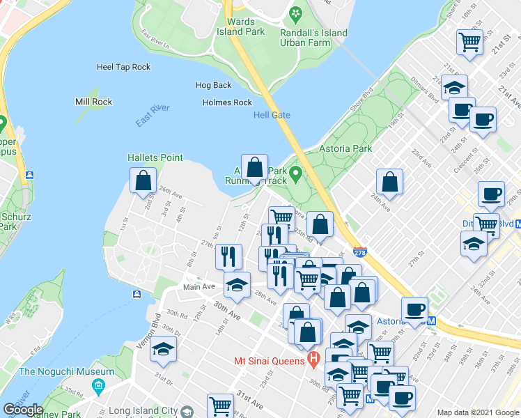 map of restaurants, bars, coffee shops, grocery stores, and more near 25-34 14th Street in Queens