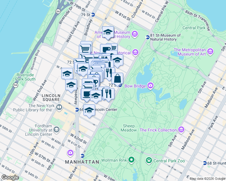 map of restaurants, bars, coffee shops, grocery stores, and more near 115 Central Park West in New York