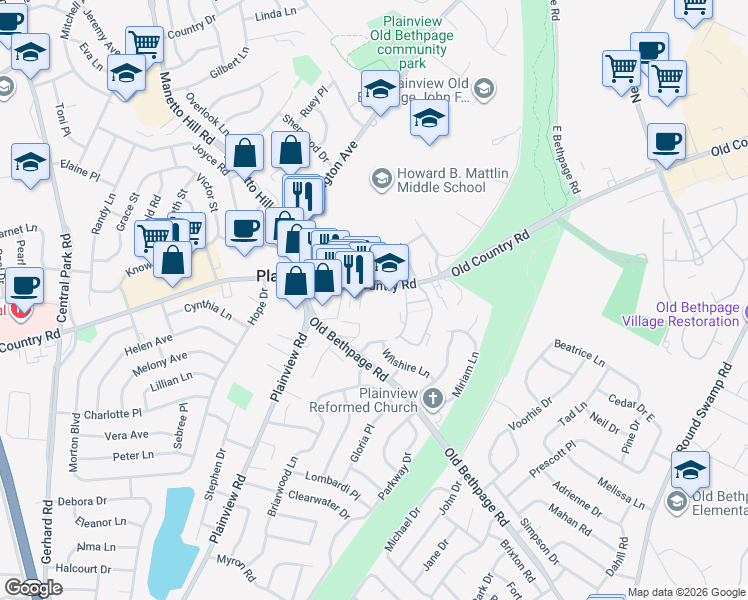 map of restaurants, bars, coffee shops, grocery stores, and more near 1161 Old Country Road in Plainview
