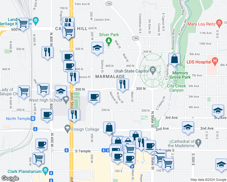 map of restaurants, bars, coffee shops, grocery stores, and more near 303 Almond Street in Salt Lake City