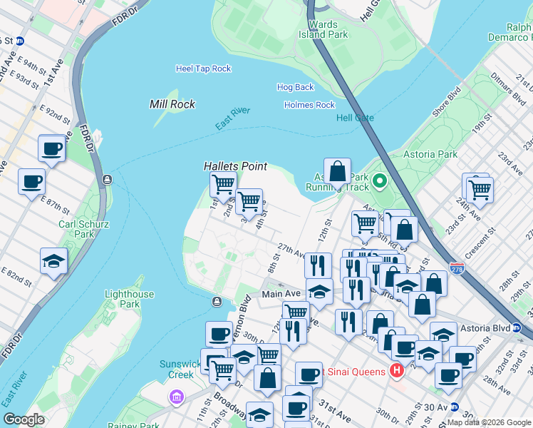 map of restaurants, bars, coffee shops, grocery stores, and more near 13 26th Avenue in Queens