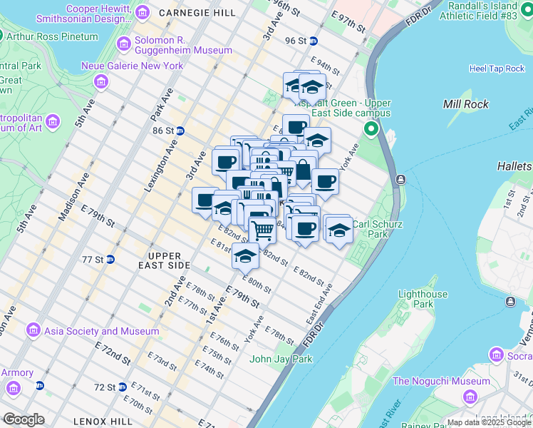 map of restaurants, bars, coffee shops, grocery stores, and more near 351 East 84th Street in New York