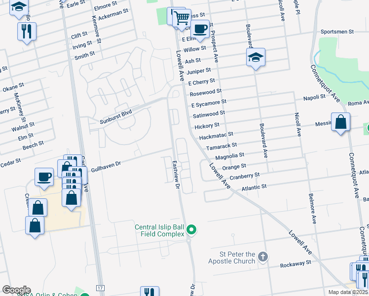 map of restaurants, bars, coffee shops, grocery stores, and more near 311 Medea Way in Central Islip