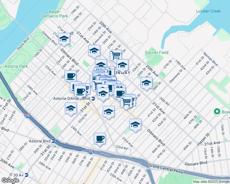 map of restaurants, bars, coffee shops, grocery stores, and more near 31-30 Ditmars Boulevard in Queens