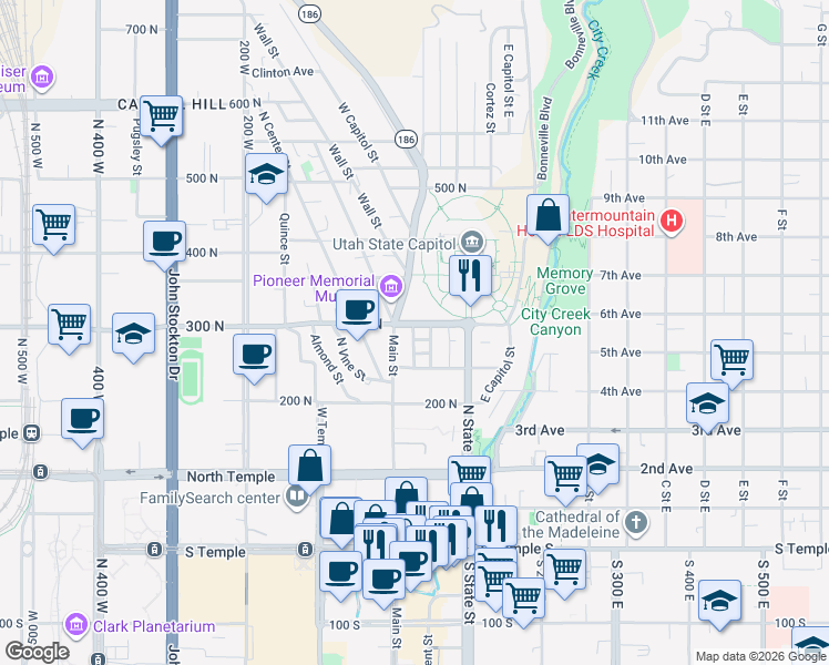 map of restaurants, bars, coffee shops, grocery stores, and more near 299 Main Street in Salt Lake City