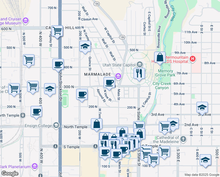 map of restaurants, bars, coffee shops, grocery stores, and more near 306 North Center Street in Salt Lake City