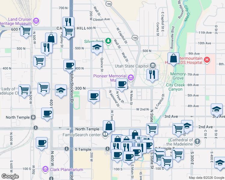 map of restaurants, bars, coffee shops, grocery stores, and more near 303 Almond Street in Salt Lake City