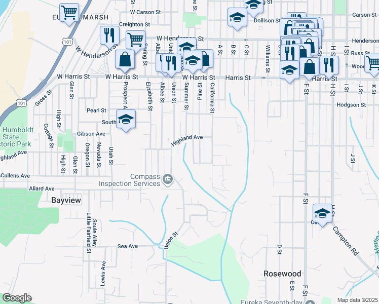 map of restaurants, bars, coffee shops, grocery stores, and more near 3529 Summer Street in Eureka