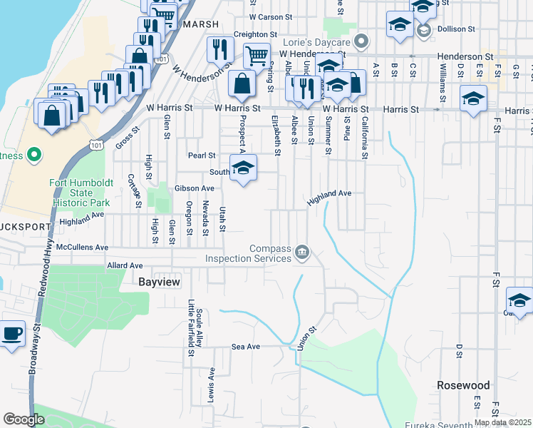 map of restaurants, bars, coffee shops, grocery stores, and more near 624 Highland Avenue in Eureka