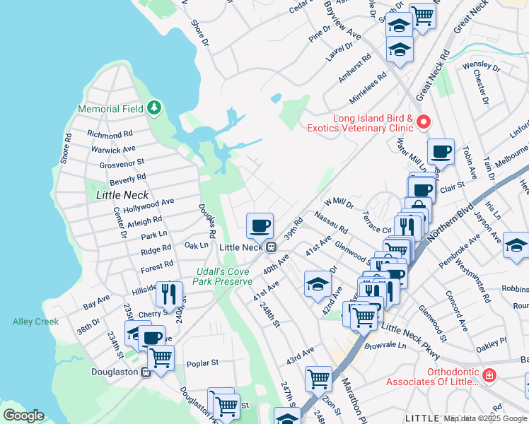 map of restaurants, bars, coffee shops, grocery stores, and more near 25412 38th Avenue in Queens