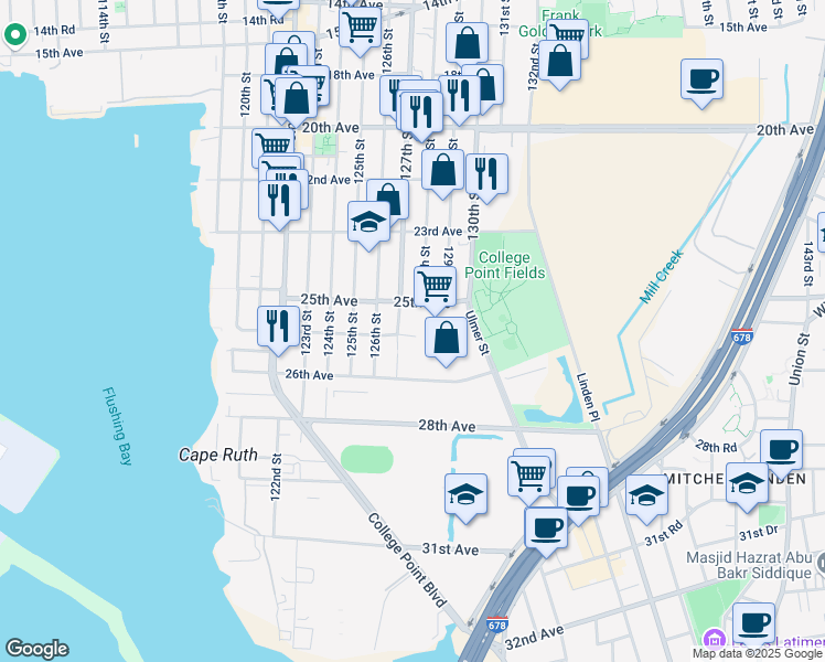 map of restaurants, bars, coffee shops, grocery stores, and more near 25-10 Ulmer Street in Queens