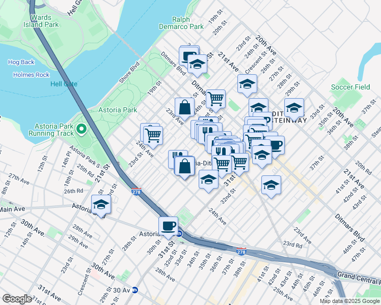 map of restaurants, bars, coffee shops, grocery stores, and more near 23-32 26th Street in Queens