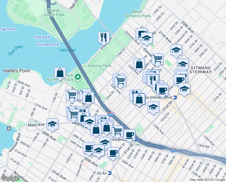 map of restaurants, bars, coffee shops, grocery stores, and more near in Queens