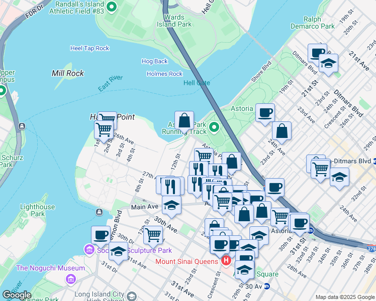 map of restaurants, bars, coffee shops, grocery stores, and more near 25-15 14th Street in Queens