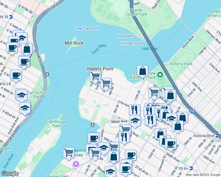 map of restaurants, bars, coffee shops, grocery stores, and more near in New York