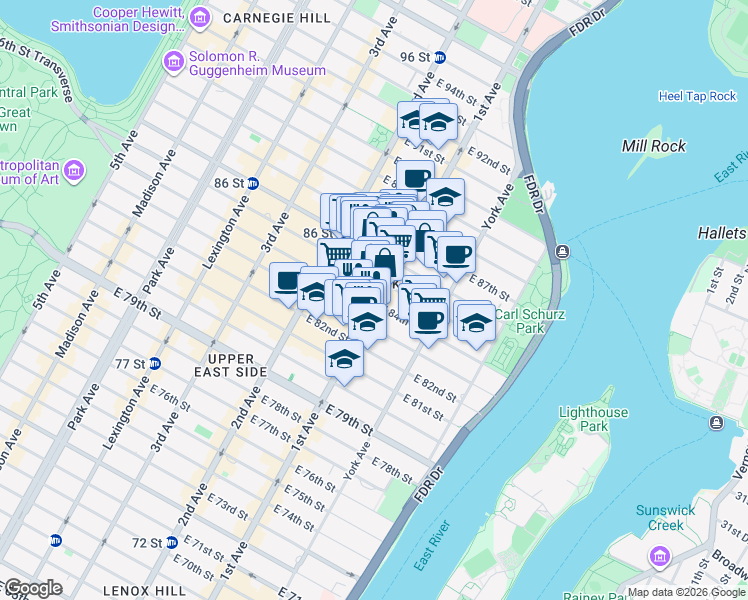 map of restaurants, bars, coffee shops, grocery stores, and more near 1634 1st Avenue in New York