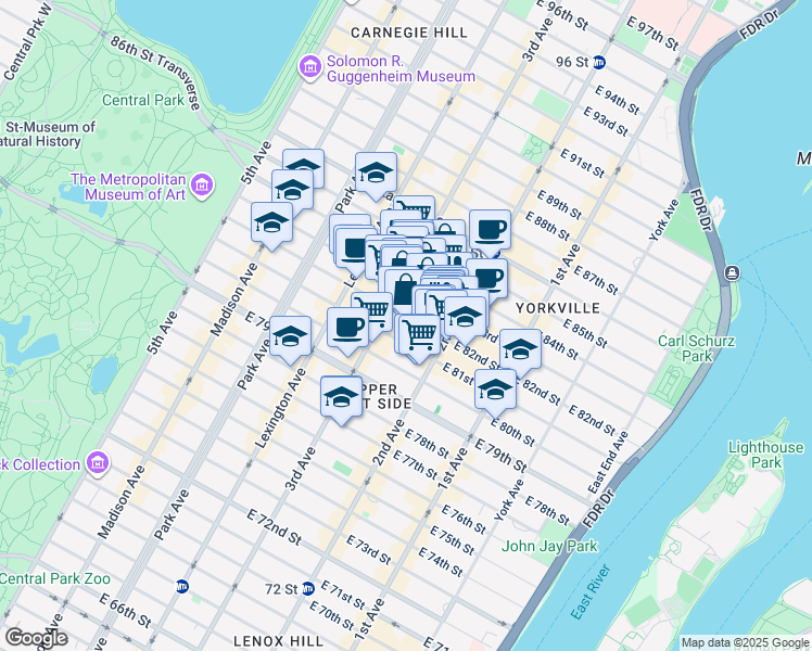 map of restaurants, bars, coffee shops, grocery stores, and more near 225 East 82nd Street in New York