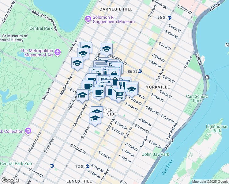 map of restaurants, bars, coffee shops, grocery stores, and more near 1445 3rd Avenue in New York