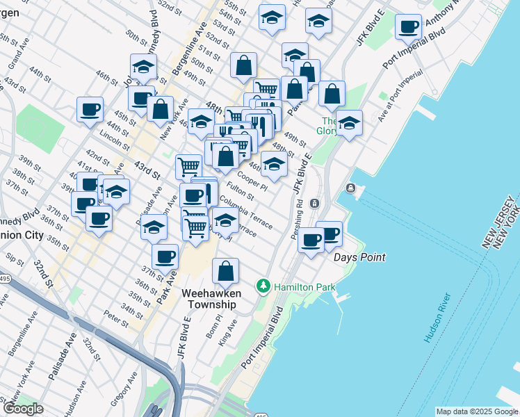map of restaurants, bars, coffee shops, grocery stores, and more near 28 Fulton Street in Weehawken