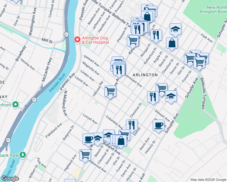 map of restaurants, bars, coffee shops, grocery stores, and more near 716 Kearny Avenue in Kearny