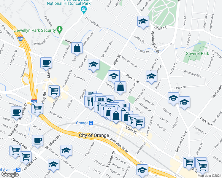 map of restaurants, bars, coffee shops, grocery stores, and more near 372 White Street in City of Orange